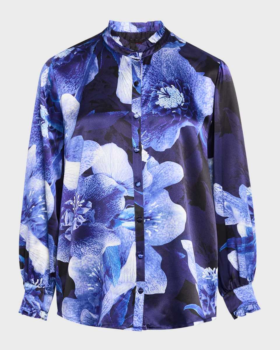 Felicia Floral-Print Ruffle Silk Blouse